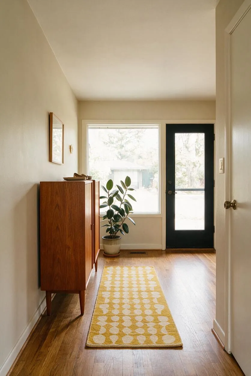 A narrow entryway with light walls and honey-toned wood floors, featuring a walnut mid-century console cabinet along the left wall, a small framed mirror above it, a potted plant near a bright front window, and a dark-painted glass-paneled door at the end. A yellow patterned runner adds color and vintage character.