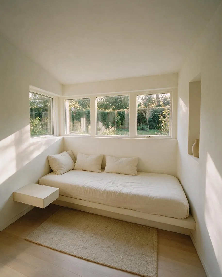 A bright minimalist sunroom with white walls and a low built-in daybed tucked beneath a row of windows. The room features cream bedding, a small floating side table, a neutral woven rug, and warm wood flooring with soft sunlight streaming in from the garden outside.