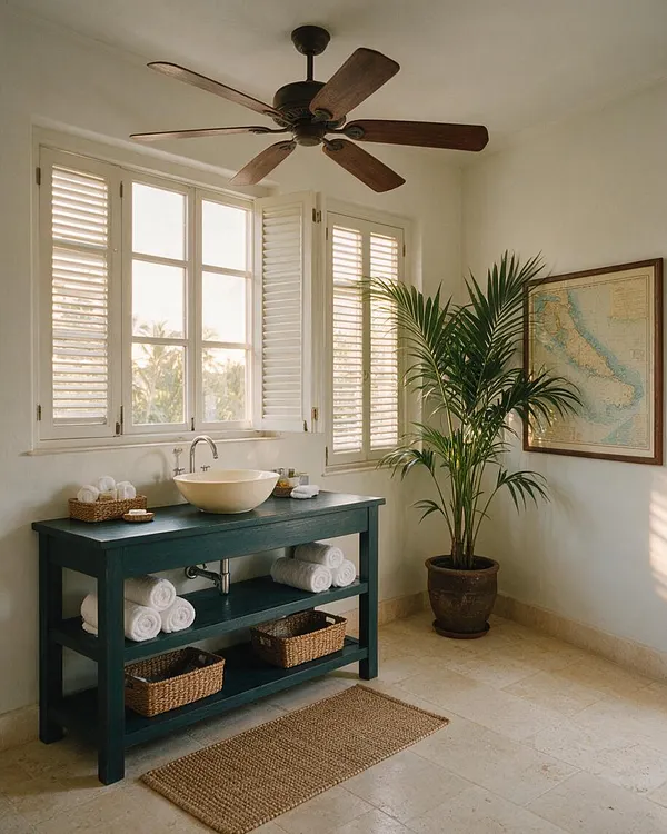 A bright powder room with white shutters and a tropical potted palm beside a teal open vanity. The room includes a round vessel sink, woven baskets, a jute rug, stone tile flooring, and a ceiling fan with dark wood blades.