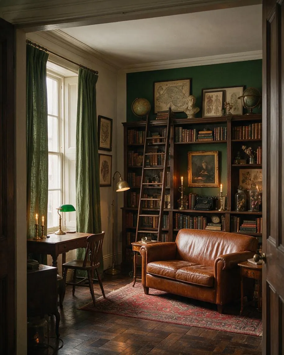 A moody living room styled in Dark Academia fashion with a brown leather sofa, dark wood bookcases filled with books, a ladder, and vintage globes. Green curtains frame a tall window beside a wooden desk with a brass lamp and candlelight, while a patterned rug and warm wood floors add an old-world scholarly atmosphere.