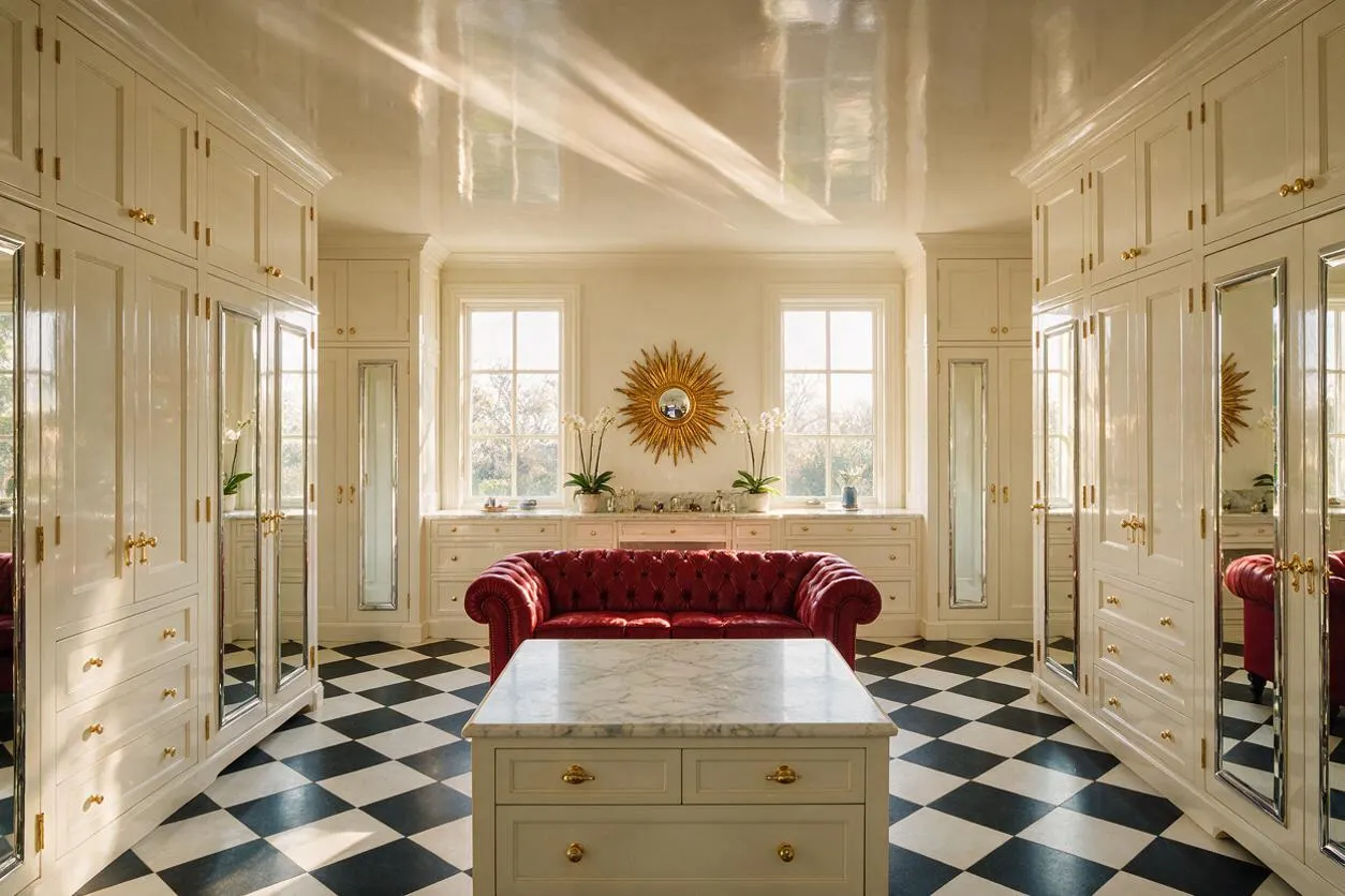A luxurious walk-in closet with cream built-in wardrobes lining both sides, mirrored panels, and polished brass hardware. A deep red velvet tufted sofa sits at the center behind a marble-topped island, while black-and-white checkered flooring, tall windows, and a gold sunburst mirror complete the Hollywood Regency look.