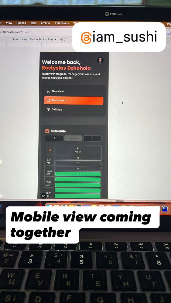 The image displays a mobile interface for a student dashboard, showcasing lesson management and scheduling features.