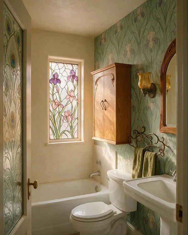A compact master bathroom with Art Nouveau styling, featuring a floral stained-glass window above the tub, green botanical wallpaper, a wood wall cabinet, and an ornate metal towel rack. The room includes a white toilet, pedestal sink, and warm amber glass sconces beside a framed mirror.