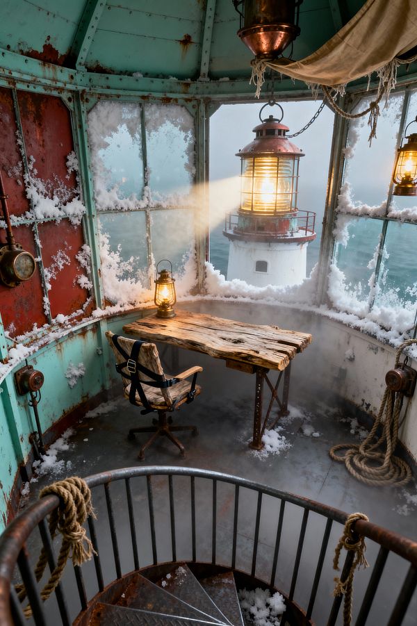 A compact workspace inside the glazed crown of a weathered lighthouse shows a live-edge wooden desk on metal trestles, a swivel chair with black harness straps, and two oil-style lanterns casting warm light. Frost coats teal and red rusted wall panels and window frames, snow dusts the floor beside coiled rope, and a spiral metal stair rises through mist. Through the icy panes, a nearby lighthouse beam cuts through fog over open water.