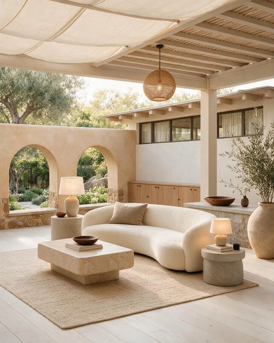 A serene organic modern backyard patio with a rounded cream sofa, stone coffee table, and small side tables on a woven rug. The space features stucco arches, a woven pendant light, pale wood cabinetry, and natural greenery beyond the open-air structure.
