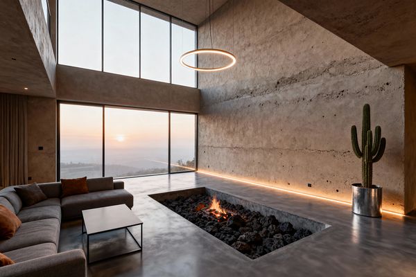 A double-height modern living room features floor-to-ceiling windows capturing a sunset, polished concrete floors, and a long textured concrete wall washed by a warm linear LED at the base. A gray L-shaped sofa with rust throw pillows faces a rectangular sunken fire pit filled with dark lava rock, a slim black metal coffee table sits nearby, an illuminated circular ring pendant hangs overhead, and a tall cactus in a stainless planter stands to the right.