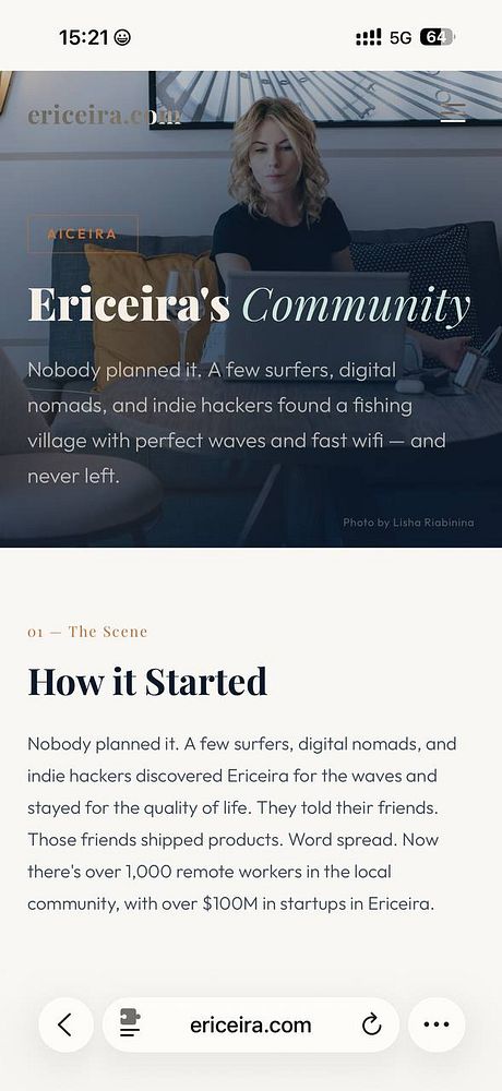 Promotional webpage design for ericeira.com/community highlighting indie hackers and AI builders with a vibrant, colorful layout and descriptive texts.