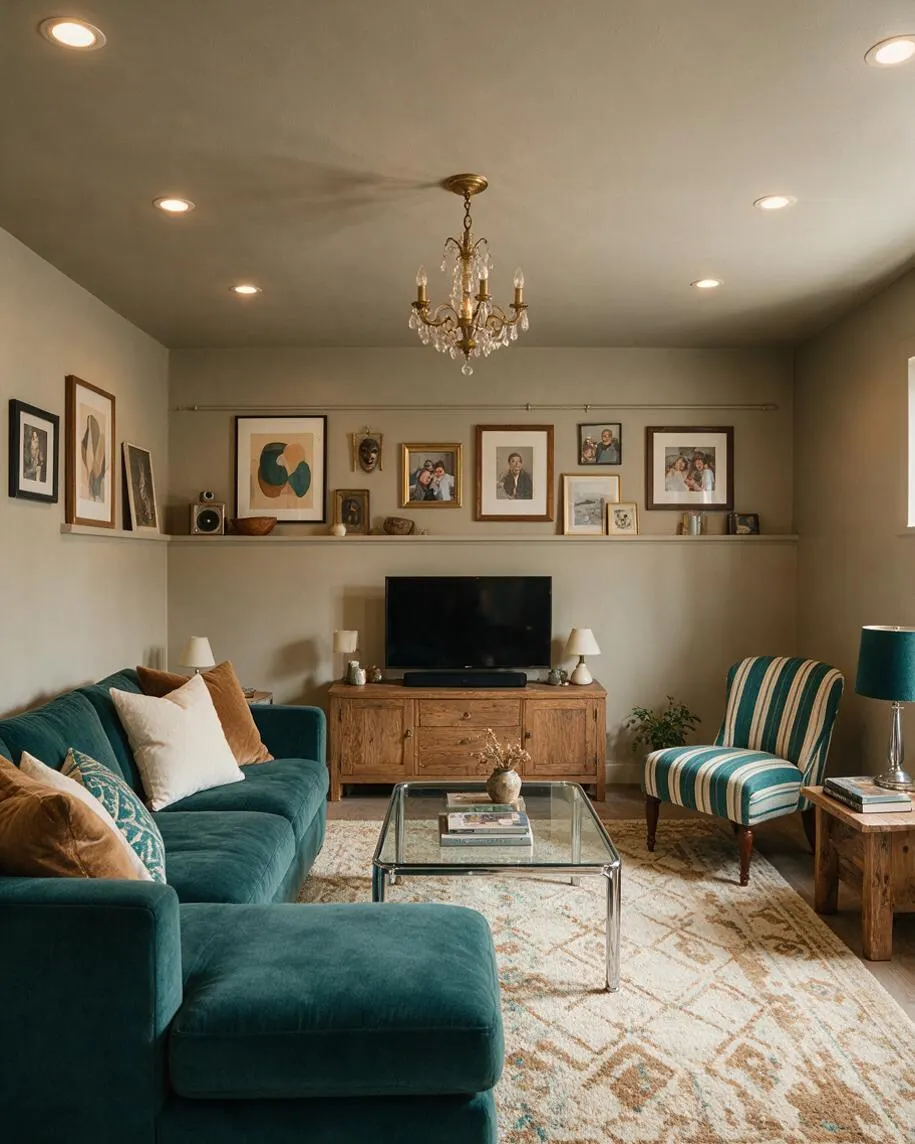 A cozy eclectic basement living room with a teal velvet sectional, a striped accent chair, a glass coffee table, and a rustic wood TV console. Framed artwork lines the wall shelves beneath a small crystal chandelier and recessed ceiling lights, creating a warm layered look.