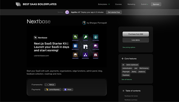 The image displays a promotional webpage for the Nextbase SaaS Starter Kit, highlighting its features and pricing options.
