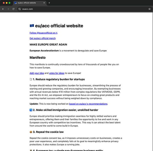The image displays the official website of the European Accelerationism movement, outlining its manifesto and key points.