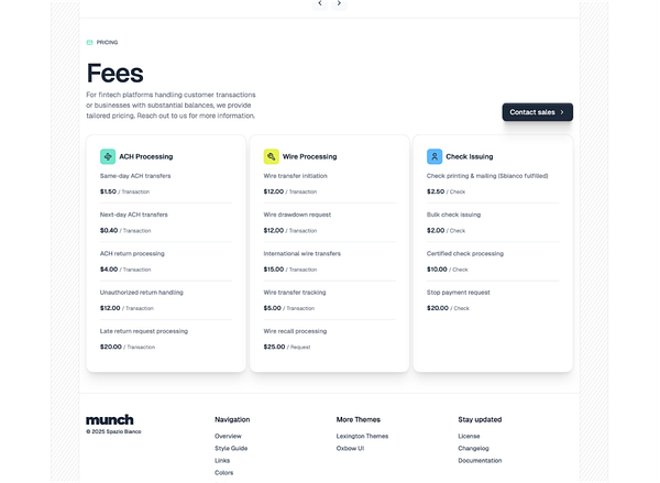 The image displays a pricing table for various financial transaction services offered by Spazio Bianco.