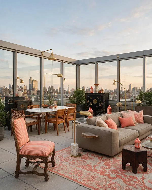 A rooftop patio with glass walls framing a city skyline at sunset, furnished with a taupe sofa, coral cushions, a carved wooden chair with striped upholstery, a marble dining table, and brass floor lamps. Decorative black cabinets, potted greenery, lanterns, and a patterned rug create an eclectic mix of vintage and modern styles.