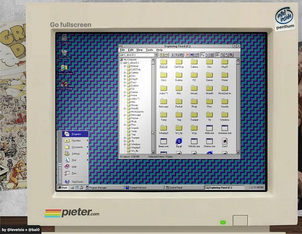 A retro computer desktop displaying a Windows 95 shell interface on a Windows 3.11 system.