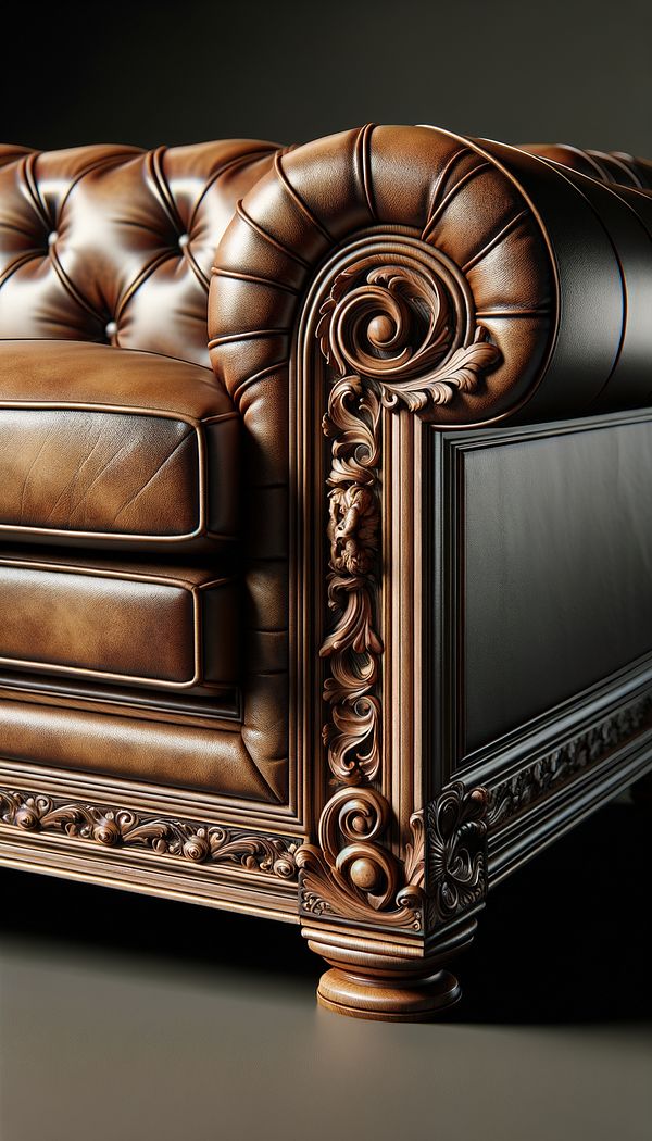 a close-up view of the corner of a luxurious leather sofa, focusing on the exposed hardwood frame with intricate carvings