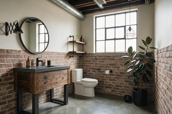 An industrial powder room with exposed brick walls, a wood vanity with a dark stone countertop, and a round black-framed mirror. A white toilet sits beside large grid-pane windows, with black metal sconces, open pipe shelving, and a potted plant adding warmth to the raw finishes.