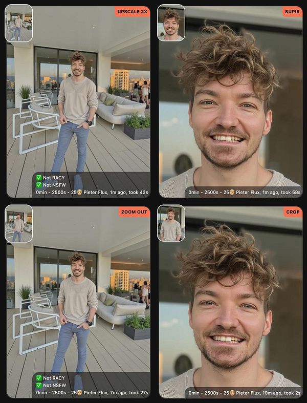 The image displays a series of four photo processing results featuring a young man with curly hair, showcasing different upscaling techniques.