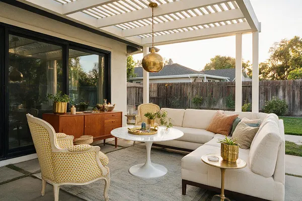A covered backyard patio features a cream sectional sofa, a patterned upholstered accent chair, a white pedestal coffee table, and brass side tables on a textured rug. A wood sideboard, black-framed sliding doors, and a white slatted pergola complete the relaxed eclectic setting.