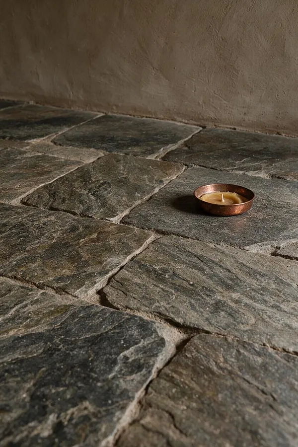 A rustic interior detail shows irregular slate stone floor tiles in dark gray and earthy tones, set beneath a smooth clay plaster wall. A small copper candle holder with a lit candle sits on the floor, creating a quiet, understated Wabi-Sabi mood.