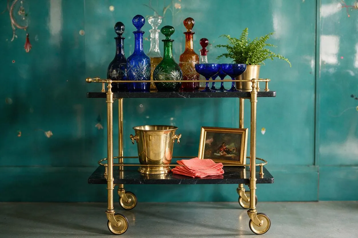 A two-tier bar cart with black marble shelves and polished brass framing stands against a teal wall. The top shelf displays colorful cut-glass decanters and bowls, while the lower shelf holds a brass ice bucket, pink napkins, and a small framed picture, creating a lush maximalist vignette.