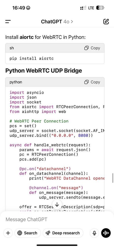 The image displays a code snippet for implementing a Python WebRTC UDP bridge using the aiortc library.