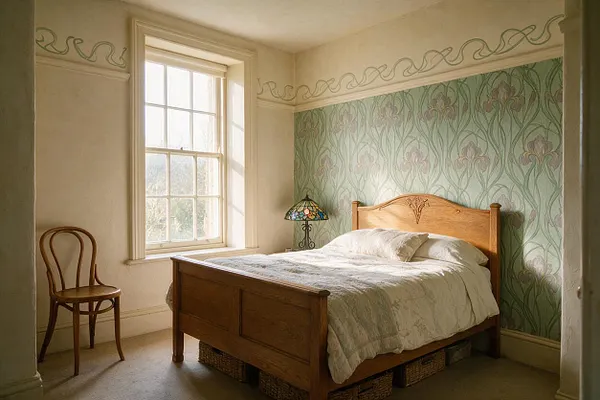A quiet guest bedroom features a wooden bed with a carved headboard, white bedding, and wicker storage baskets underneath. A stained-glass table lamp and bentwood chair sit beside a tall window, while pale green floral Art Nouveau wallpaper and flowing wall trim add a decorative, vintage feel.