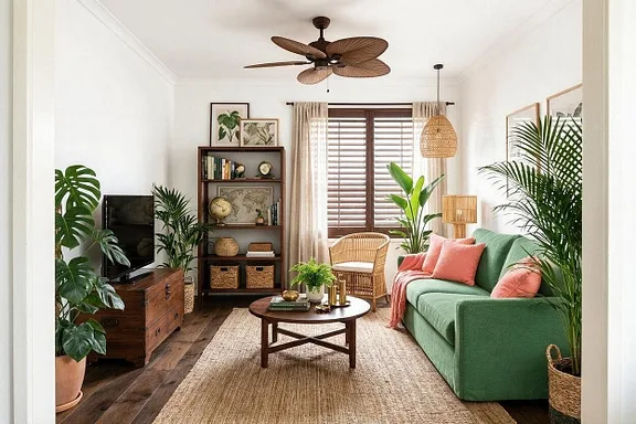 A Tropical living room in the Palm and Coral palette