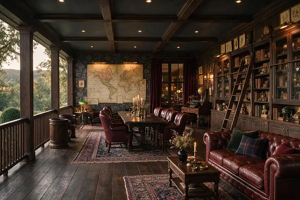 A covered front porch styled like a refined library lounge, with dark wood beams, built-in bookcases, leather seating, antique rugs, and a long dining table under warm recessed lighting. Large open sides reveal trees and hills beyond, while the room features a vintage world map, candles, and brass accents for a scholarly Dark Academia mood.