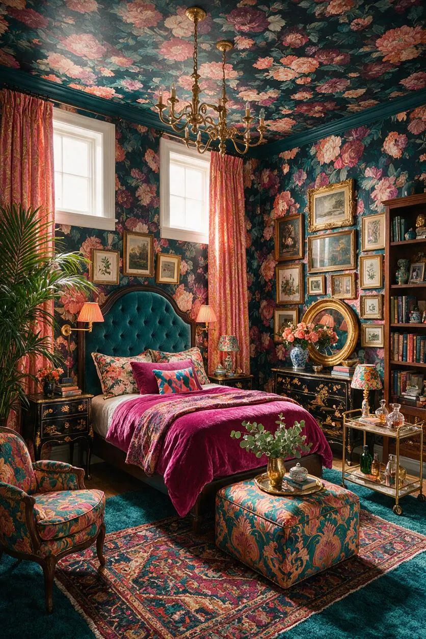 A dramatic basement bedroom filled with layered floral wallpaper and a matching floral ceiling, centered around a teal tufted bed with pink velvet bedding. The room includes gold lighting, framed artwork, a patterned rug, upholstered seating, bookshelves, and abundant decorative accents in rich jewel tones.