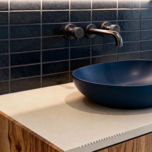 Close-up of a contemporary bathroom vanity with a matte navy vessel sink on a light beige quartz countertop above a natural oak cabinet. The backsplash is a grid of small, dark blue glazed tiles with gray grout, illuminated by a soft linear light. A wall-mounted brushed gunmetal faucet with knurled round handles projects over the bowl, emphasizing clean lines and modern details.