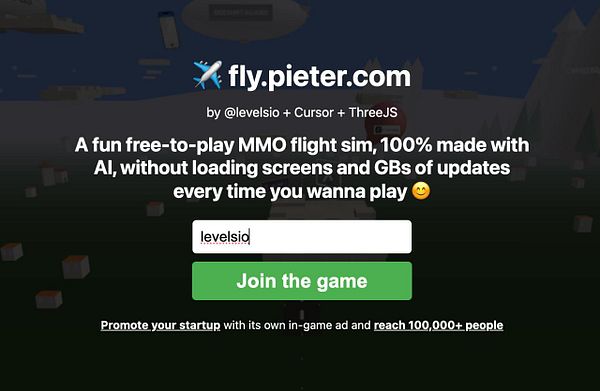 The image displays a promotional webpage for the flight simulation game fly.pieter.com.