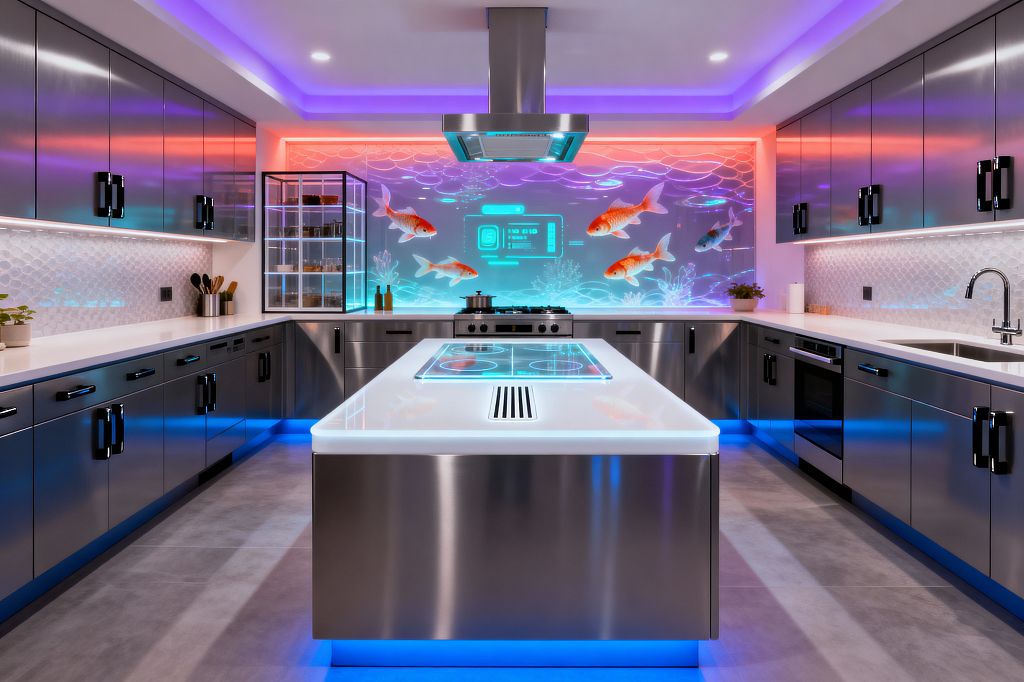 Futuristic U-shaped kitchen with a central stainless island topped in white quartz, featuring an induction cooktop and linear downdraft vent. Gunmetal cabinets with black pulls line both sides over white counters and scallop-tile backsplash. A stainless range and ceiling hood face a large backlit glass panel showing an aquarium-style graphic. Blue and magenta LEDs illuminate the ceiling cove, under-cabinets, and toe-kicks, with a glass-front pantry, sink, and wall oven completing the space.
