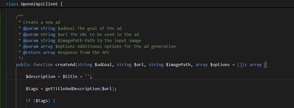 The image displays a code snippet for a PHP class designed to create ads using an API client.