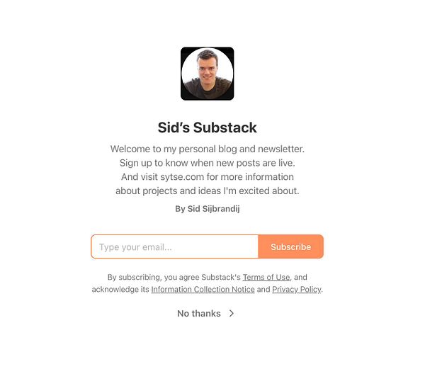 Screenshot of a white webpage displaying a black header with "scratchcat" text, a black subscribe button in the top right, a central colorful logo, and the text "No thanks" at the bottom.