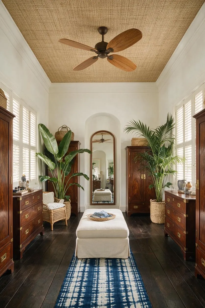 A bright tropical-style closet with dark wood dressers and wardrobes lining both sides, white walls, and a woven natural-fiber ceiling. The room features tall potted palms, a woven chair, a central upholstered bench, a blue patterned runner, and a wood-blade ceiling fan, creating a warm resort-like feel.