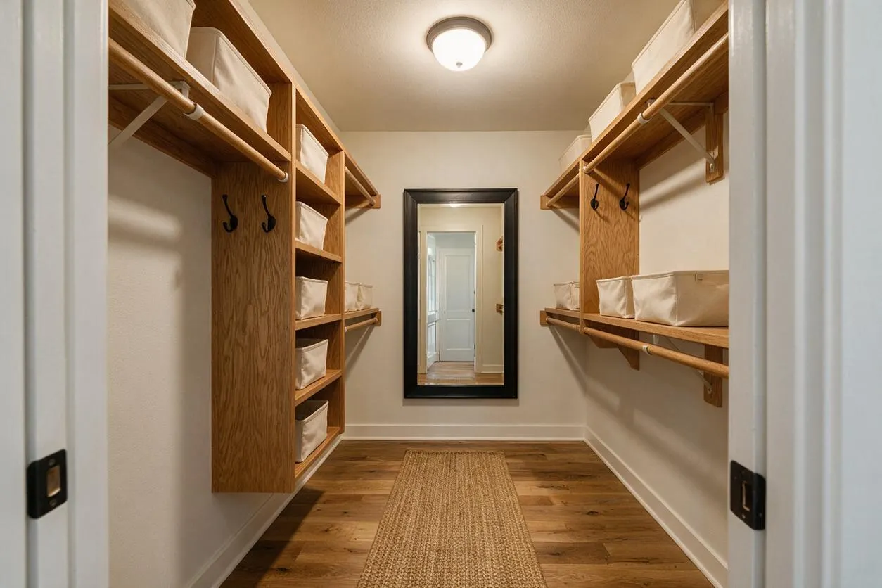 A narrow walk-in closet with built-in open shelving and hanging rods on both sides, finished in warm wood tones. White storage bins sit on the shelves, a woven runner rug lines the wood floor, and a large black-framed mirror reflects the hallway beyond under a simple ceiling light.