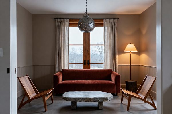A cozy farmhouse living room centers on a rust-colored, ribbed sofa facing a chunky, rough-edged stone coffee table. Two angled oak lounge chairs, linen curtains framing wood French doors, a perforated metal pendant, a floor lamp with a parchment shade on a stump side table, painted beadboard wainscoting, and a smooth concrete floor complete the space, lit with warm ambient light and a winter landscape visible through the window.
