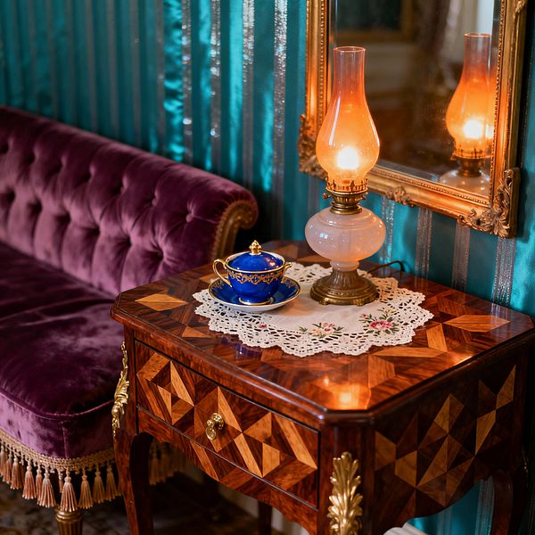 A Victorian living room vignette shows a deep plum velvet, button-tufted settee with gold fringe beside a marquetry wood side table with brass ormolu. On the table, an opaline glass oil lamp with a brass base glows over a cotton lace doily and embroidered mat, next to a cobalt blue porcelain teacup with gold detailing. Behind, an ornate gilded mirror reflects the light against teal wallpaper with vertical metallic silver stripes.