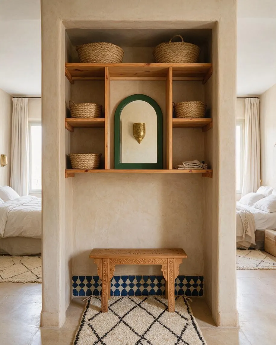 A Moroccan-style closet nook with smooth beige plaster walls, open wood shelving, woven storage baskets, and a central arched mirror framed in green. A carved wooden bench sits below blue-and-white geometric tile trim, with a black-and-cream patterned rug on the floor and soft beds visible on both sides.