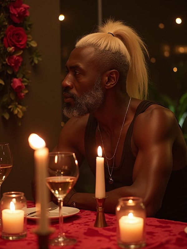 A man with a striking appearance sits at a candlelit dinner table.