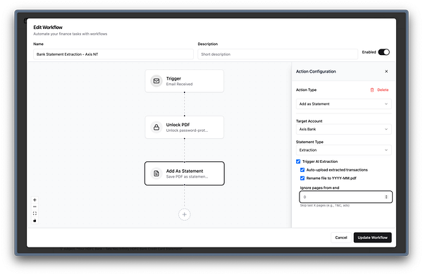 The image displays a user interface for editing a workflow related to bank statement extraction.