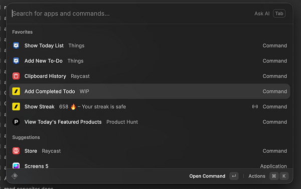 Screenshot of the Raycast app interface showing multiple custom command options related to version control and productivity actions.