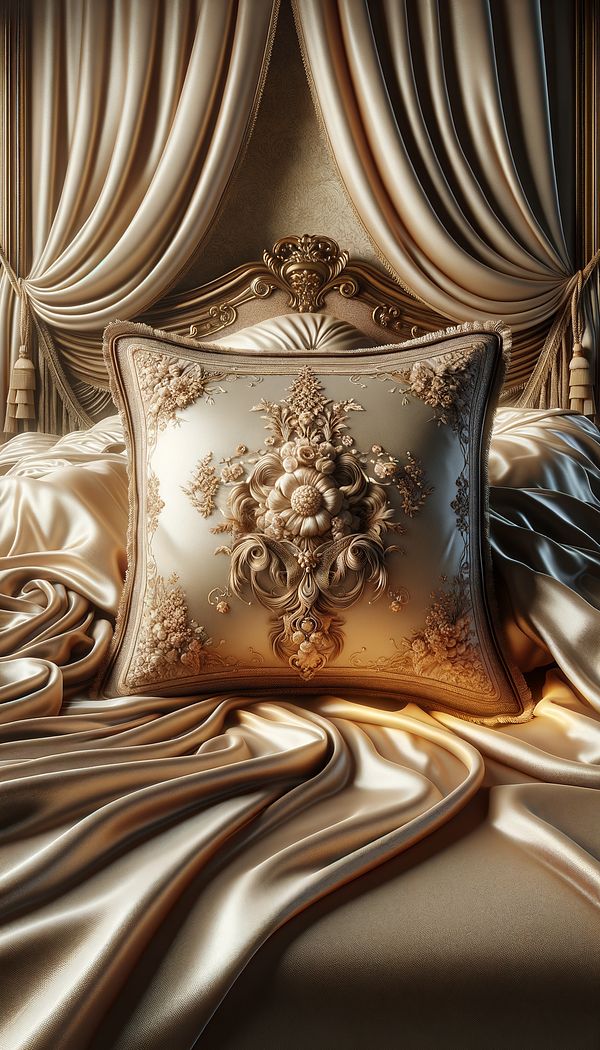 A luxurious, elaborately decorated boudoir pillow placed on a silk-draped bed, with hints of intricate embroidery visible on the pillow's surface.