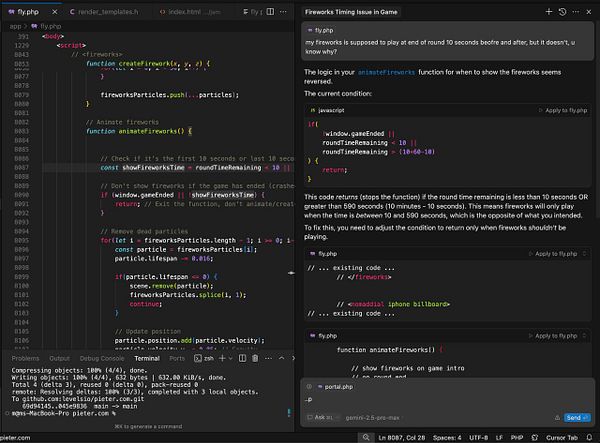 The image displays a code editor with JavaScript code related to a fireworks feature in a game, alongside a discussion about a timing issue.