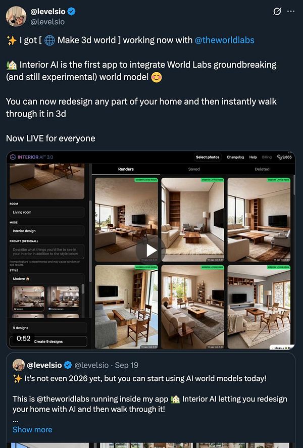 The image displays a user interface for the Interior AI application, showcasing various 3D room designs and features.