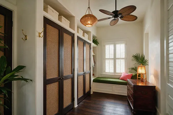 A narrow tropical-style closet with dark wood sliding doors inset with woven cane panels, white built-in shelving, and a green cushioned bench under a window with shutters. The space includes a wicker pendant light, a palm-shaped ceiling fan, a dark wood dresser, and leafy plants that add a relaxed resort feel.