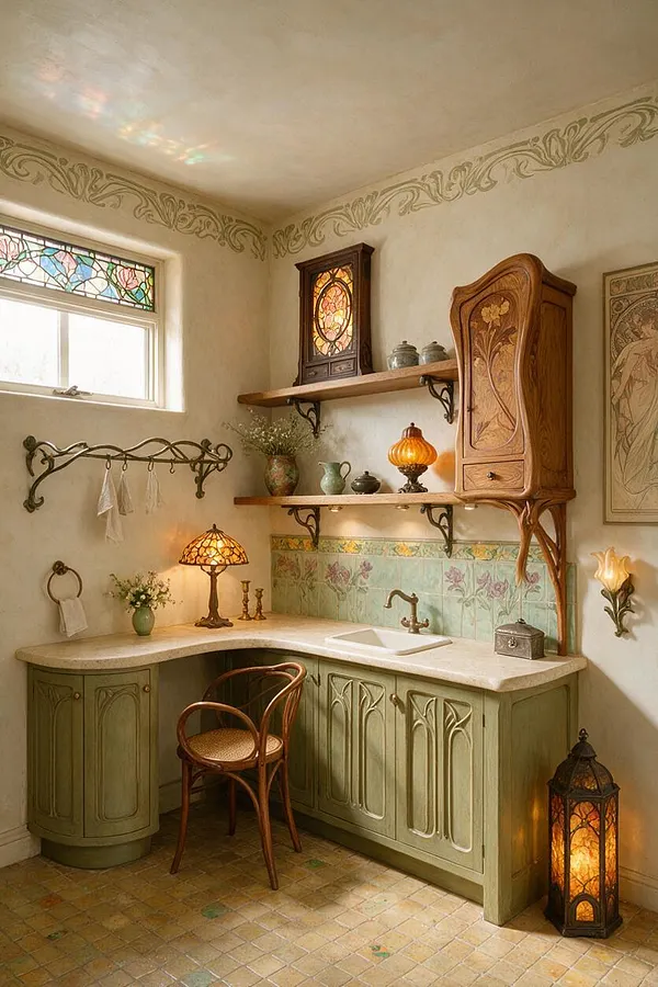 A compact Art Nouveau mudroom with sage-green cabinetry, a pale stone countertop, and a small white sink. The walls feature floral tile, carved wood shelves, decorative metal hooks, stained glass accents, and warm amber lamps that create a soft, romantic atmosphere.