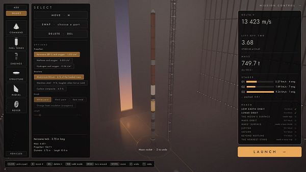 User interface of a rocket building simulation game showing a detailed rocket model in a hangar with parts selection, customization options, and mission control statistics for launch readiness.
