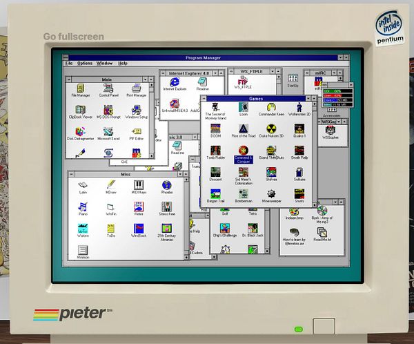 A vintage computer screen displaying a graphical user interface with various program icons and windows.