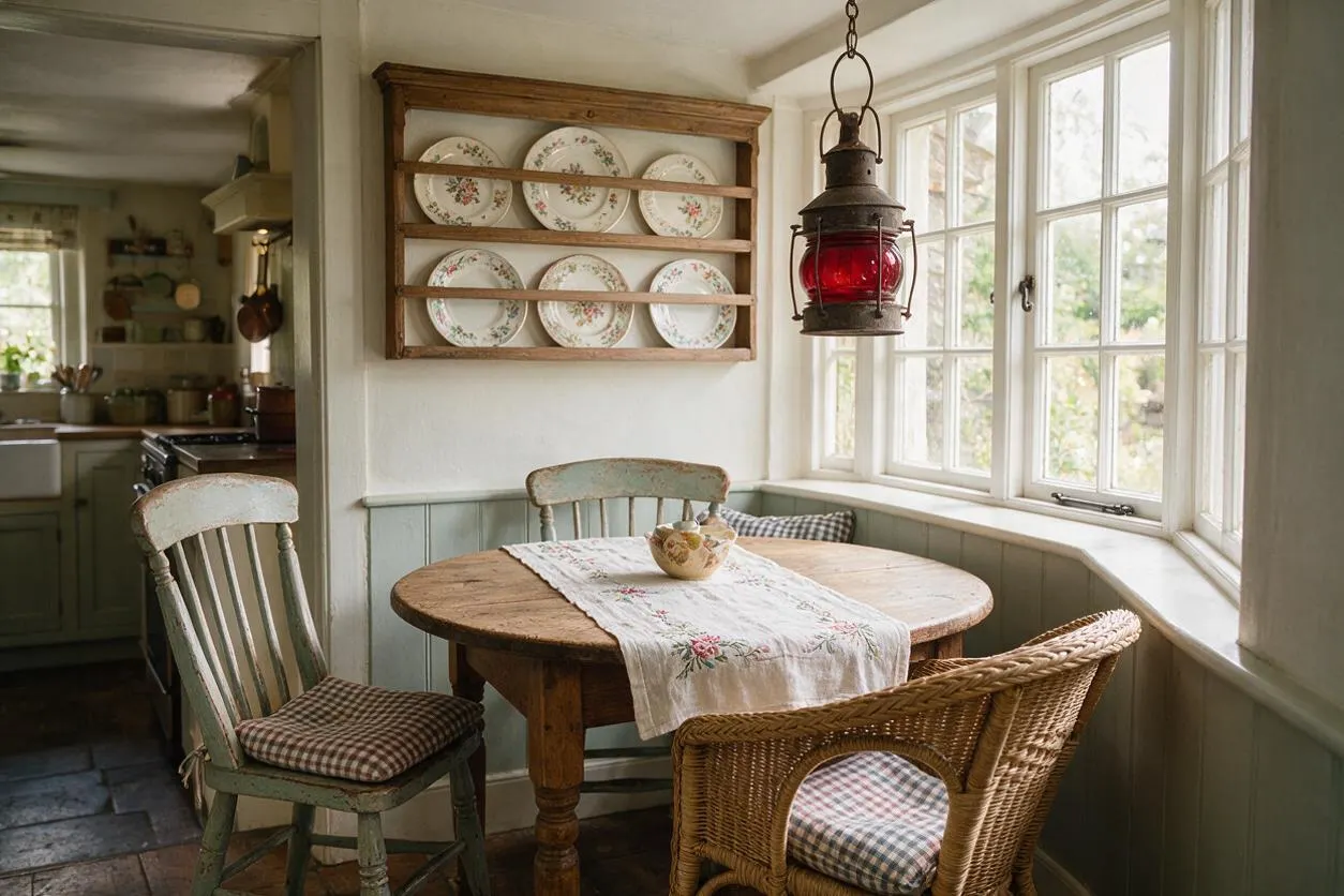 A cottagecore kitchen breakfast nook with a round wooden table, mismatched distressed chairs, and a floral embroidered runner. Open shelves display decorative floral plates, while a red-glass hanging lantern and large bay windows bring in soft natural light.