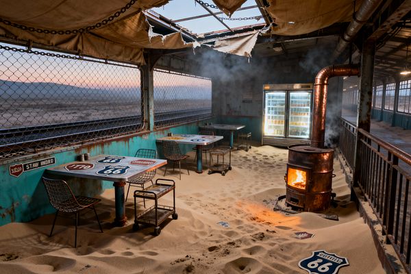 A sand-covered dining space with rusted teal metal walls and chain-link openings looks onto a desert, where steel tables decorated with Route 66 signs and wire chairs sit beside a burning barrel stove with a copper flue. Torn canvas tarps hang from the ceiling as smoke drifts upward, while an illuminated glass-door refrigerator, rolling metal carts, and industrial railings complete the gritty, post-apocalyptic scene.